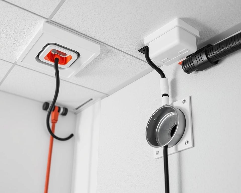 A detailed, high-resolution image of fire-resistant cable protections installed in a ceiling and wall. Showcasing various types of fire-retardant cable coatings, intumescent wraps, and penetration seals used to secure cables passing through floors and walls. The image should depict the installation process and the finished result, highlighting the robust and professional-looking appearance of the fire safety measures. Utilize a neutral, well-lit setting to emphasize the technical nature of the subject. Capture the image from an angle that provides a clear, unobstructed view of the cable protection systems.